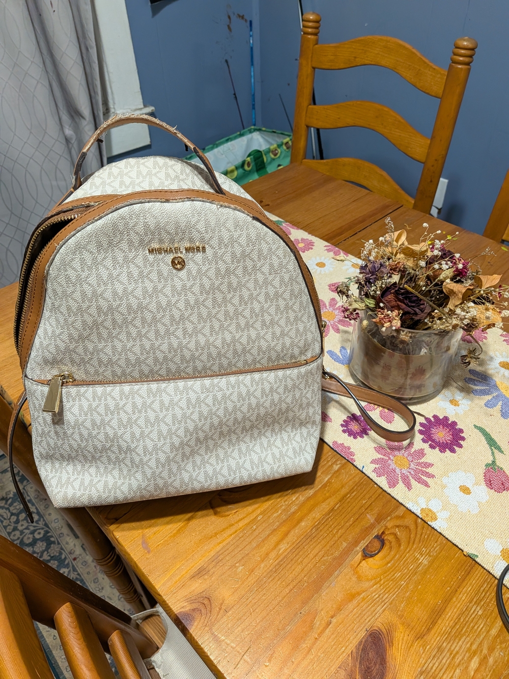 Michael Kors Cream Logo Mini Backpack with Tan Leather Trim